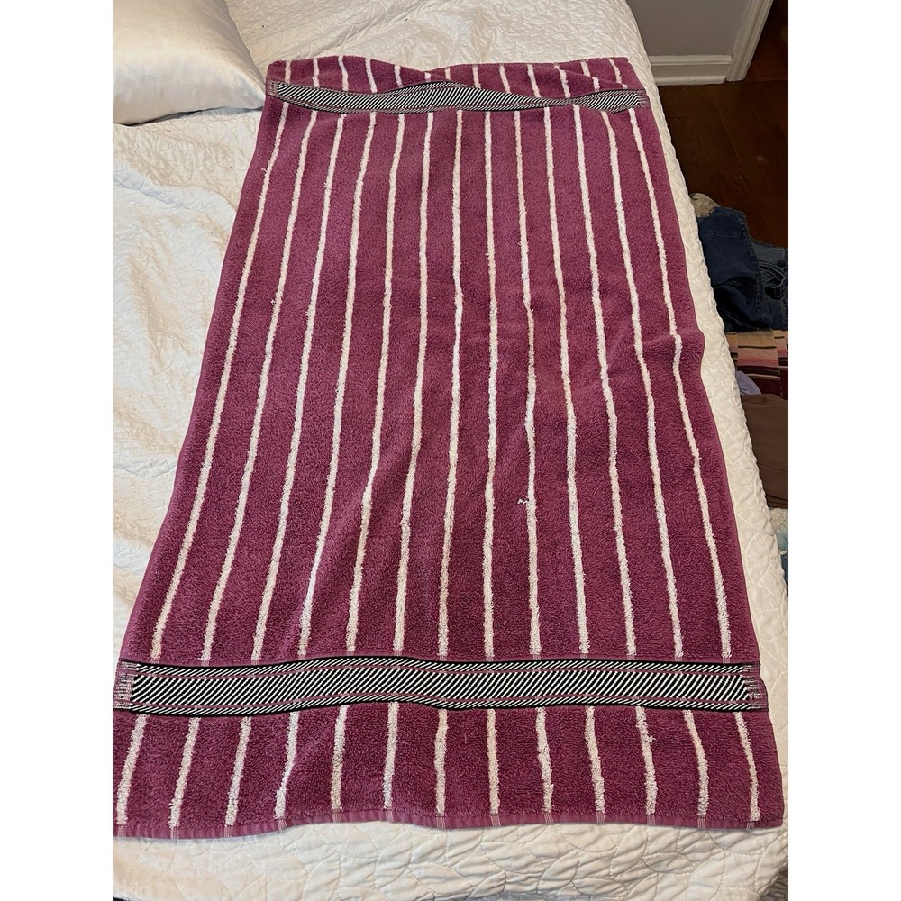 Vintage Stevens Plum White Stripe Bath Towel Black Woven checkerboard USA Y2K